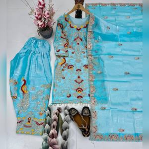 Chic arrival multi color cotton salwar kameez palazzo set featuring Resham work <b>detail</b> and fancy dupatta 2025 collection - Product Image 5