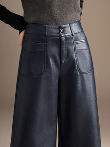 Pantalones Casuales Rectos de Cuero Negro con Cordón para Mujer, Estilo Coreano Holgado y Drapeado para Otoño e Invierno - Product Image 5