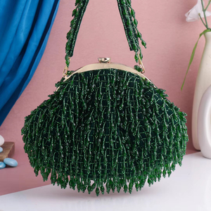 Traditional <b>Green</b> Satin Beaded Pearl Batua <b>Clutch</b> <b>Bag</b> <b>for</b> Fashion Classic Party & Bridal Use - Product Image 1