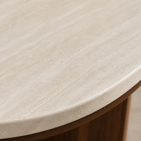 Table basse ovale moderne, plateau aspect pierre crème, style vintage, salon, petit appartement, table à thé, meubles de maison