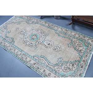 Alfombra de 4x8 pies, Alfombra Turca Vintage, Alfombra con Borde Azul - Product Image 3