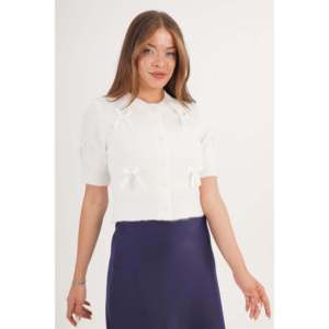 Wholesale Short Sleeve <b>White</b> Bow Ribbon Knitted <b>Cardigan</b> for <b>Women</b> - Product Image 2