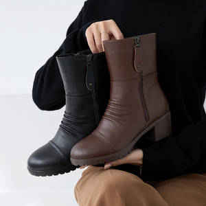 [JSHOE] Genuine Cow Leather Fleece Lined Chunky Heel Mid <b>Boots</b> 5.5cm Warm Winter Comfort Ankle <b>Boots</b> - Product Image 3