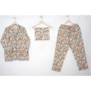 Indian Women's Floral Printed Cotton Pajama Set Hand Block Summer Night Dress Sustainable and Sexy Gift Girl Shirt <b>Pants</b> - Product Image 1