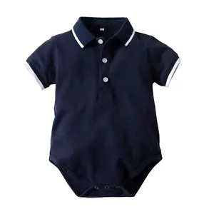 Wholesale Organic Cotton Baby Boys Romper Short Sleeve Plain Knitted Polo Shirt Baby Onesie