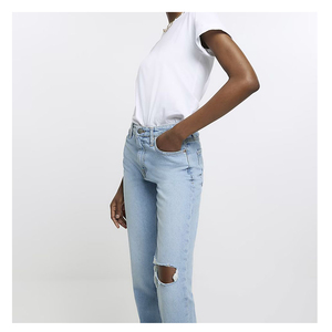 Jeans de mezclilla para mujer, estilo urbano, de pierna ancha, rectos, retro, de corte regular, rasgados, transpirables, lavados, servicio OEM - Product Image 4