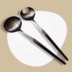 Cuillère et fourchette en aluminium Vaisselle de mariage Cuillère en argent Serviteur à salade Longue poignée ronde - Product Image 5