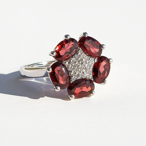 Women's Trendy Flower Shape <b>Garnet</b> Gemstone Engagement Wedding <b>Ring</b> 925 <b>Silver</b> Rhodium Plated Rhaya Jewels Anniversary Party - Product Image 4