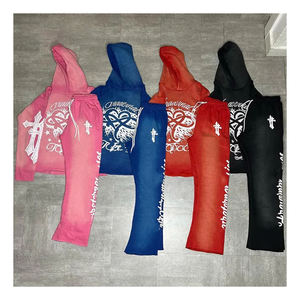 Conjunto de chándal desgastado Patchwork Zip up Hoodie Stacked Pant Hombres Flared joggers Chándales Hombres Conjuntos de dos piezas Jogger - Product Image 1