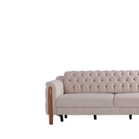 Canapé Chesterfield deux places gris crème moderne européen en tissu microfibre avec accoudoirs en bois, haute qualité, sans taxes, pour maison, hôtel, appartement