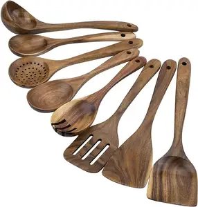 Juego de 8 utensilios de cocina de madera de teca natural