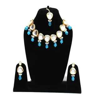 Gold-Plated Blue Tumble <b>Studded</b> Polki Kundan Choker Necklace Set with Monalisa Stone Fashion Jewelry Sets - Product Image 1