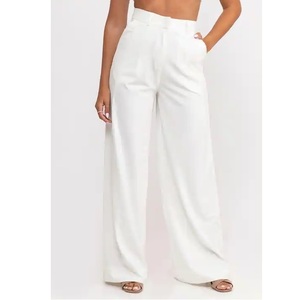 Haute qualité coton mélangé maigre solide femmes bureau naturel taille décontracté deux fois tissu large jambe pantalon fabriqué au Vietnam - Product Image 6