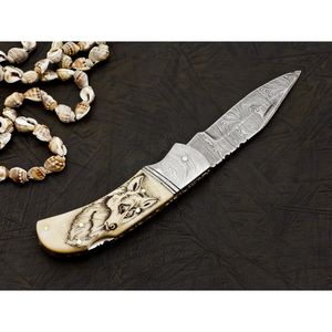 Nuevo cuchillo portátil plegable de acero de Damasco de gran venta con cuchillos con mango de cuerno para acampar cuchillo plegable de Damasco - Product Image 1