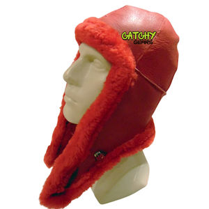Gorro de Aviador de Piel de Oveja Roja Hecho a Mano, Piel de Oveja Genuina, Cálido, Unisex, para Invierno - Product Image 3