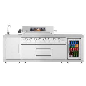 Îlot de cuisine extérieur avec barbecue 6 brûleurs et brûleur latéral, évier, armoire de rangement et réfrigérateur - Acier inoxydable - Product Image 2
