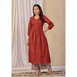 Conjunto de Kurta y Pantalón de Algodón Rojo con Estampado Étnico Indio y Bordado en Tela de Red para Niñas, Ideal para Fiestas - Product Image 3