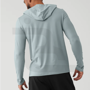 Camiseta de gimnasio de manga larga con cuello y capucha para hombre, estampado personalizado, tela de LICRA de algodón y microfibra, transpirable, secado rápido, alta calidad - Product Image 3