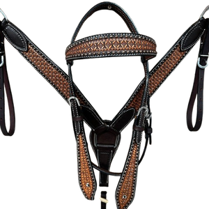 Ensemble de harnais pour cheval en cuir western avec bandeau et collier de poitrail en nid d'abeille bicolore, équipement d'équitation personnalisé avec motifs floraux - Product Image 1
