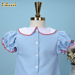 Ensemble barboteuse smockée pour filles, décontracté, été, bleu, broderie pomme, 100% coton respirant, certifié OEKO-TEX, OEM/ODM - Product Image 5