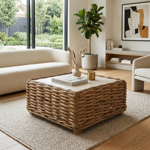 Table basse carrée en rotin naturel tressé avec plateau en pierre de béton, idéale pour la terrasse, décoration artistique pure pour la conception d'intérieur - Product Image 2