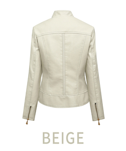 White PU <b>Leather</b> Women's Reversible Biker <b>Jacket</b> Polyester Wadding Solid Zipper Front Waterproof Windproof for Autumn/<b>Winter</b> - Product Image 2