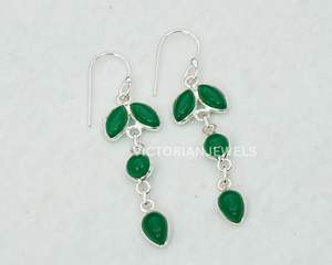 925 Solid Sterling Silver <b>Green</b> Onyx May Month Birthstone Four Stone Long Hook <b>Earring</b> - Product Image 1