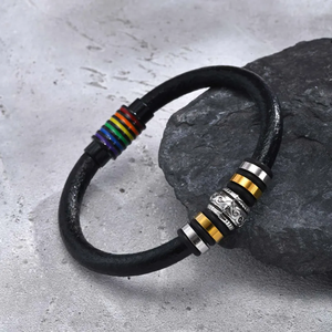 Casual estilo clásico estilo fresco Color sólido acero inoxidable pulido hombres brazalete hombres cordón y pulsera de cuero - Product Image 1