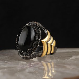 Anillo de Hombre Estilo Otomano Vintage Turco de Plata de Ley 925, Modelo RCEGYT-418, Chapado Bicolor en Rodio y Oro - Product Image 1