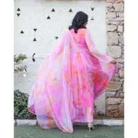 Layla Pembe Tie Dye Saf Şifon 3 Parçalı Takım Elbise XXL Beden Dokuma Örgü Dantel Uzun Tam Tatlı İlkbahar/Yaz Çevre Dostu