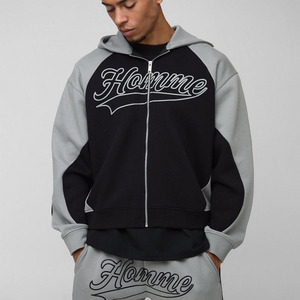 Alta calidad carbón de gran tamaño Boxy Color Block Homme impreso Zip Up a través de las sudaderas con capucha de algodón mezclado personalizado al por mayor - Product Image 1