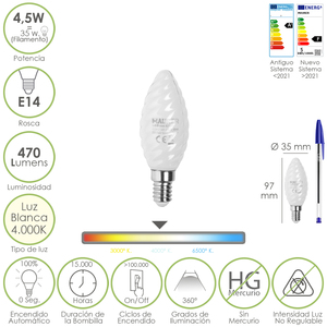 Lampadina LED a Filamento Effetto Candela Smerigliata E14 4,5 Watt. Corrisponde a 35 Watt. 470 Lumen. Luce Neutra 4000o. K. - Product Image 1