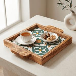 Plateau de service carré élégant en bois d'olivier et céramique, plateau ottoman pour la décoration moderne de table basse - Product Image 4