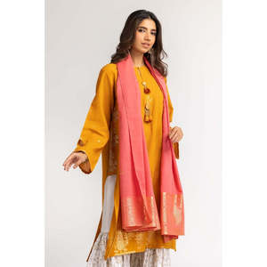 Salwar Kameez Amarillo y Rosa con Bordado Jacquard, Corte Regular, Largo hasta el Suelo, con Camisa y Dupatta para Bodas, Ropa Étnica de India/Pakistán - Product Image 2