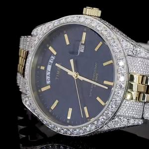 Montre mécanique de luxe avec diamants naturels, bracelet jaune en acier inoxydable, cadran à aiguilles bleu marine, cadeau idéal pour homme - Product Image 4