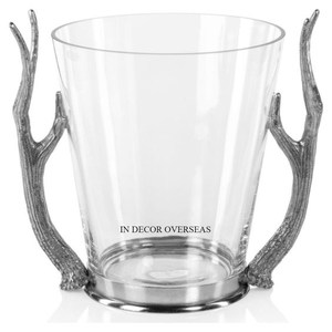 Seau à vin et à glace en verre transparent de la meilleure qualité avec des poignées de designer en bois de cerf en métal poli brillant argenté - Product Image 1