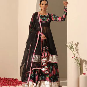 Black Floral Print Lehenga Set with Sheer <b>Jacket</b> Silver Border and Pink Accents Festive <b>Wedding</b> Party Wear <b>for</b> Women Designer - Product Image 1