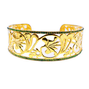 Handmade 925 <b>Sterling</b> <b>Silver</b> Wedding Wear <b>Cuff</b> Bangle with Green Zirconia Gemstones Unique Trendy Traditional Fashion <b>Bracelet</b> - Product Image 2