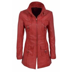 Gabardina impermeable de piel de oveja auténtica roja para mujer ATLANTIC, abrigo largo de estilo de invierno con cuello levantado, forro de poliéster - Product Image 1