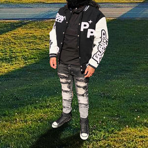 Vestes universitaires d'hiver à col montant pour hommes, patchs de broderie en chenille de style de rue, manches en coton de haute qualité - Product Image 1