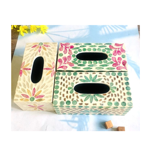 Porte-serviettes rectangulaire en rotin fait main avec couvercle en céramique bleue en forme de lotus, boîte de rangement tissée et décoration d'intérieur, boîte à mouchoirs - Product Image 5