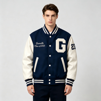 Veste de baseball en laine bleu marine avec logo personnalisé, manches en cuir blanc, broderie chenille, veste varsity pour homme, OEM