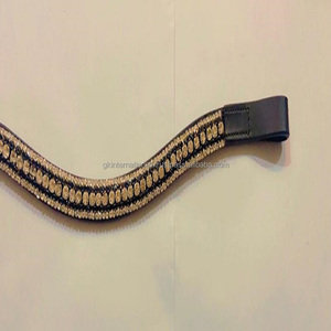 Banda para cejas de caballo de cuero de vaca de grano completo negro de lujo con 5 filas de cristales negros y dorados, diamantes de imitación, banda para cejas ostentosa - Product Image 2