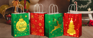 Christmas Craft Paper Bags Eco-Friendly Recyclable Silver Foil Printing <b>Flat</b> Handles Hand Length Handle Style - Product Image 4