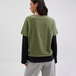 Camiseta de gran tamaño para mujer con mangas en capas, dobladillo de tela de gofre en contraste, ropa de calle informal, Camiseta de algodón 100% holgada a la moda - Product Image 6