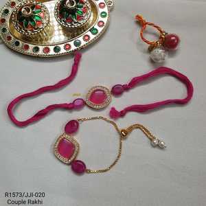 Pink Stone Kundan Pareja Rakhi Set Hermano Bhabhi Diseñador Raksha Bandhan Lumba Rakhi Pulsera - Product Image 1