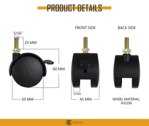 2 Inch Brake Twin <b>Caster</b> Wheel 5/16 Thread <b>for</b> <b>Furniture</b> and Bookshelves - Product Image 6
