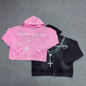 Sudadera con Capucha Personalizada para Hombre, 100% Algodón, Lavada al Ácido, Estilo Holgado, con Cierre, Diseño Impreso DTG, Adorno de Pedrería, Patrón Sólido - Product Image 1