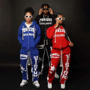 High Street French Terry Conjunto de Sudadera con capucha desgastada Sudadera con capucha de lavado ácido y pantalones de chándal acampanados Jogger Sun Faded Chándales para hombres - Product Image 1