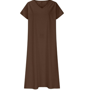 Cómodo vestido largo marrón informal de verano para mujer Vestido de manga corta con cuello en V con ajuste holgado y fluido para uso diario - Product Image 1